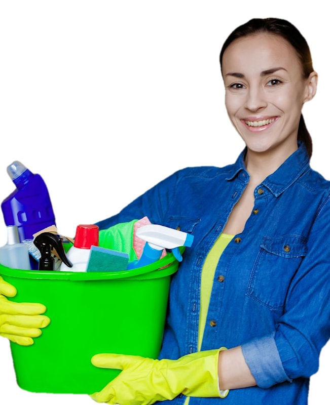 Maid With Bucket of Cleaning Products