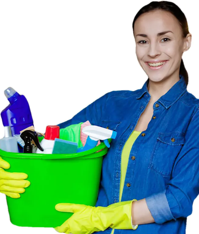 Maid with Bucket of Cleaning Products