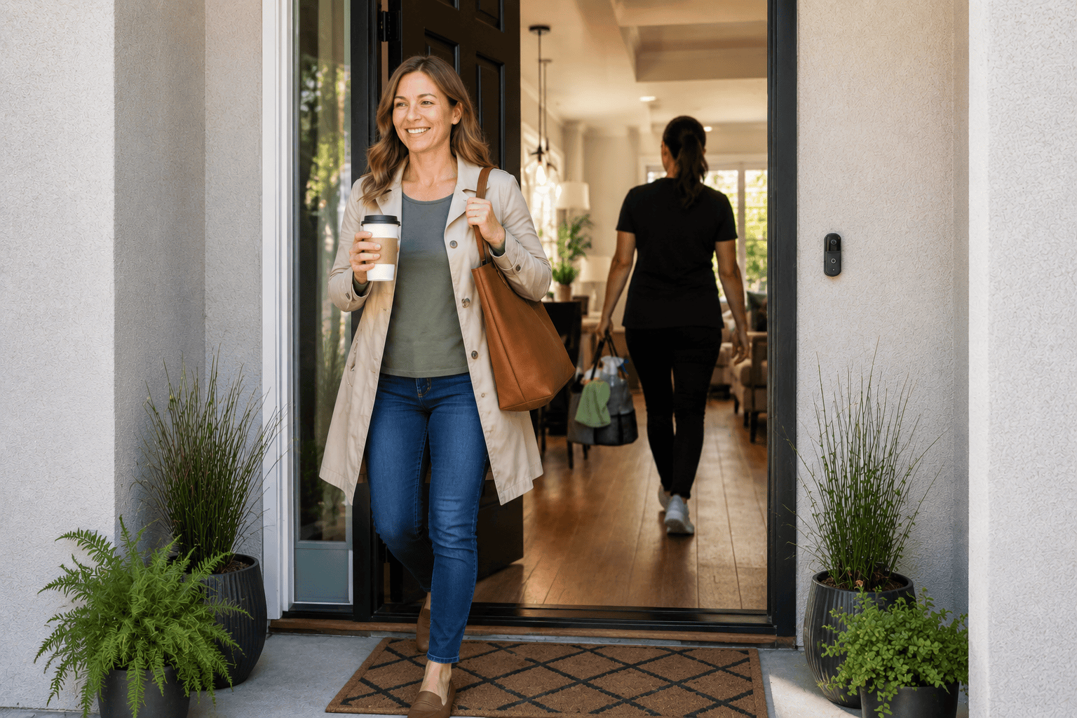 Client leaving home while an independent cleaning professional arrives