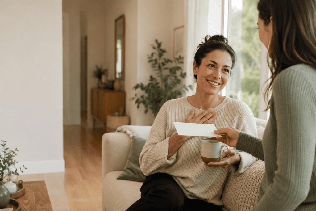 Woman receiving a thoughtful house cleaning gift card from a friend