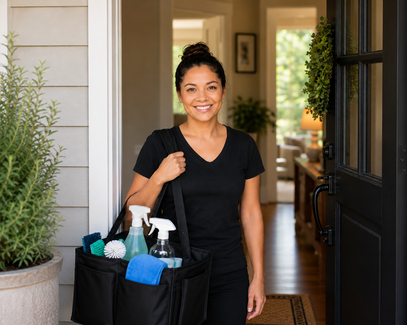 Friendly experienced cleaning professional holding cleaning supplies