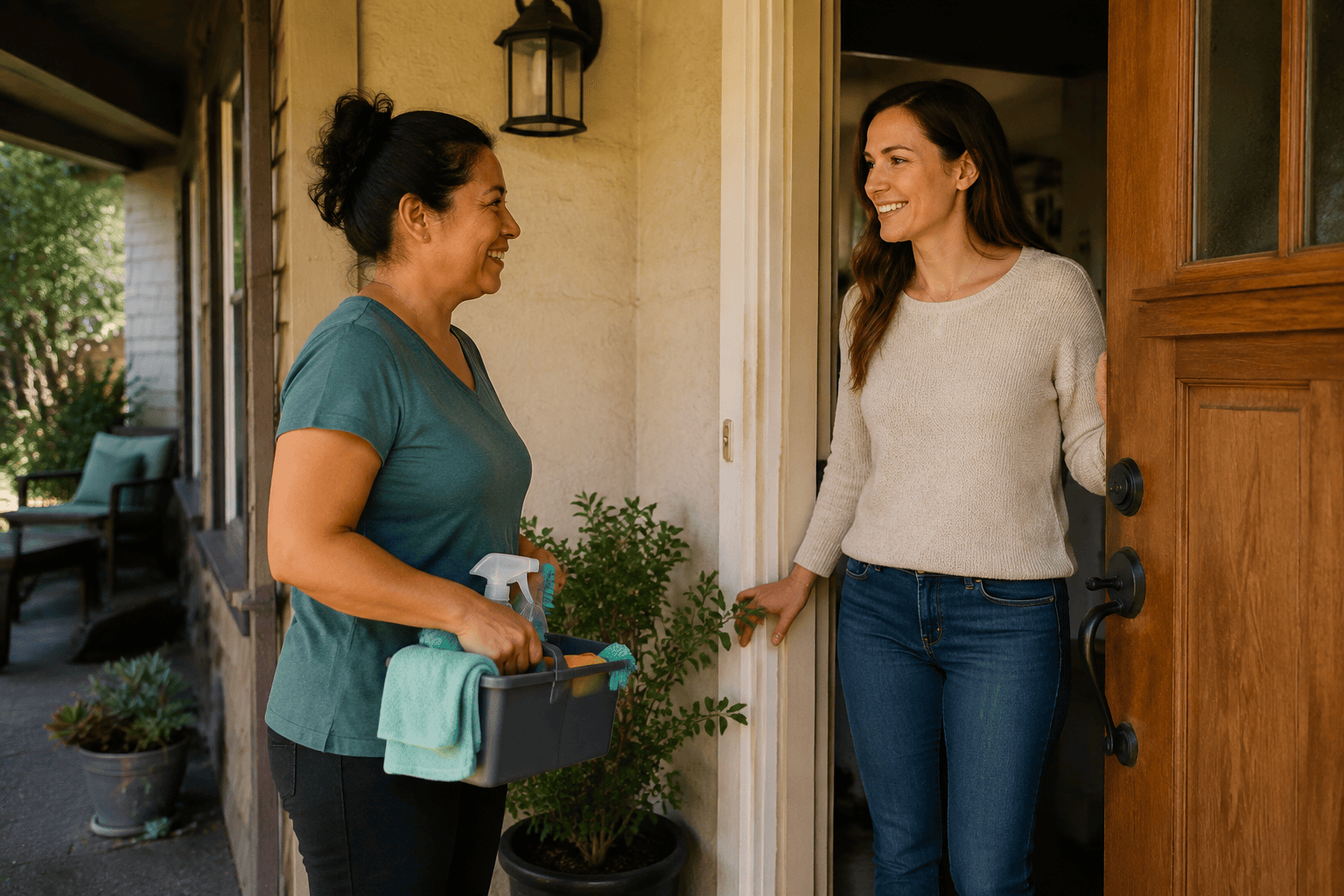 Client welcoming a vetted house cleaning professional into her home