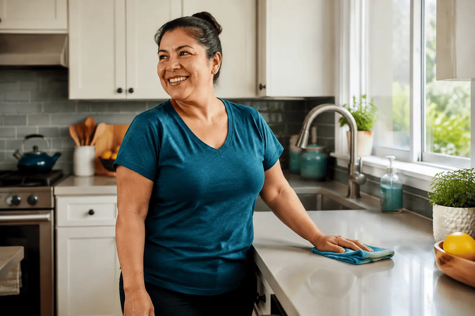 Experienced independent cleaning professional working in a Sonoma County kitchen